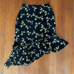 BP Asymmetrical Midi Skirt Black Floral Ruffled Peplum Peasant XS